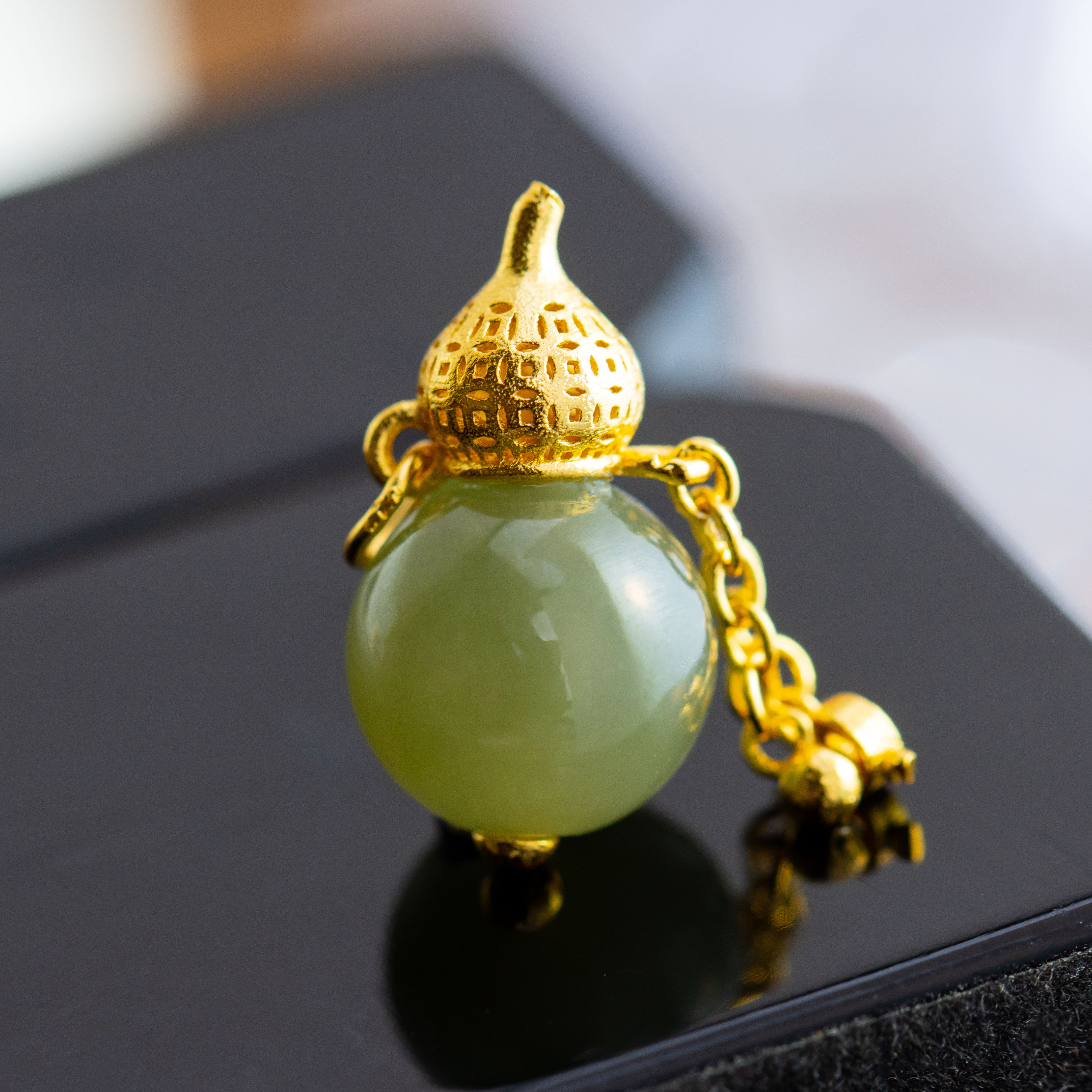 S925银镀金镶嵌和田玉青玉葫芦造型国潮国风女款吊坠 不含链