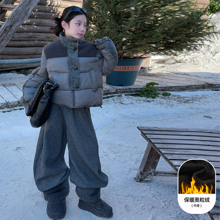 女童中大童冬季韩范时髦洋气加厚保暖拼接棉衣加绒百搭弯刀裤套装