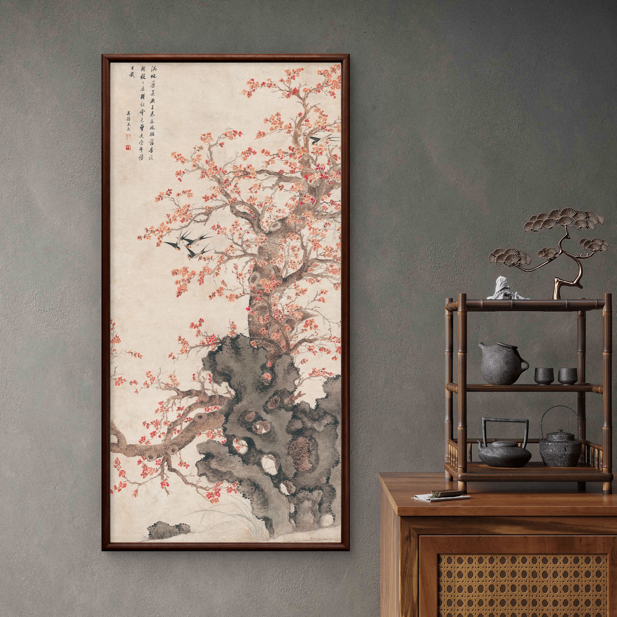 9066-55*110飞燕图轴中式装饰画木框适合玄关书房茶室挂画