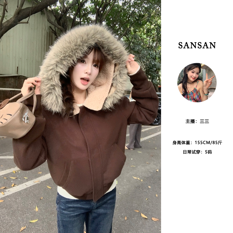 【三三】（榛果暖绒）美式复古可拆卸毛领棉服女冬季新款加厚保暖外套