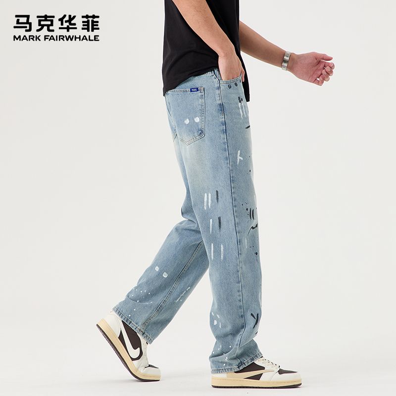 马克华菲时尚泼墨设计直筒牛仔裤男士春秋新款休闲百搭个性长裤子