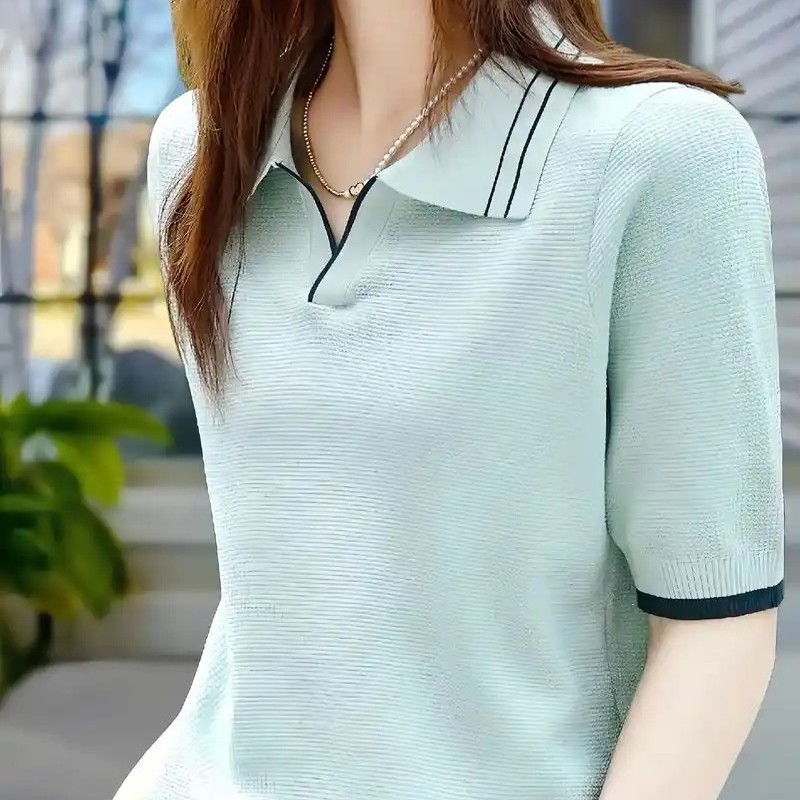 夏季桑蚕丝翻领短袖针织衫女款时尚修身气质百搭