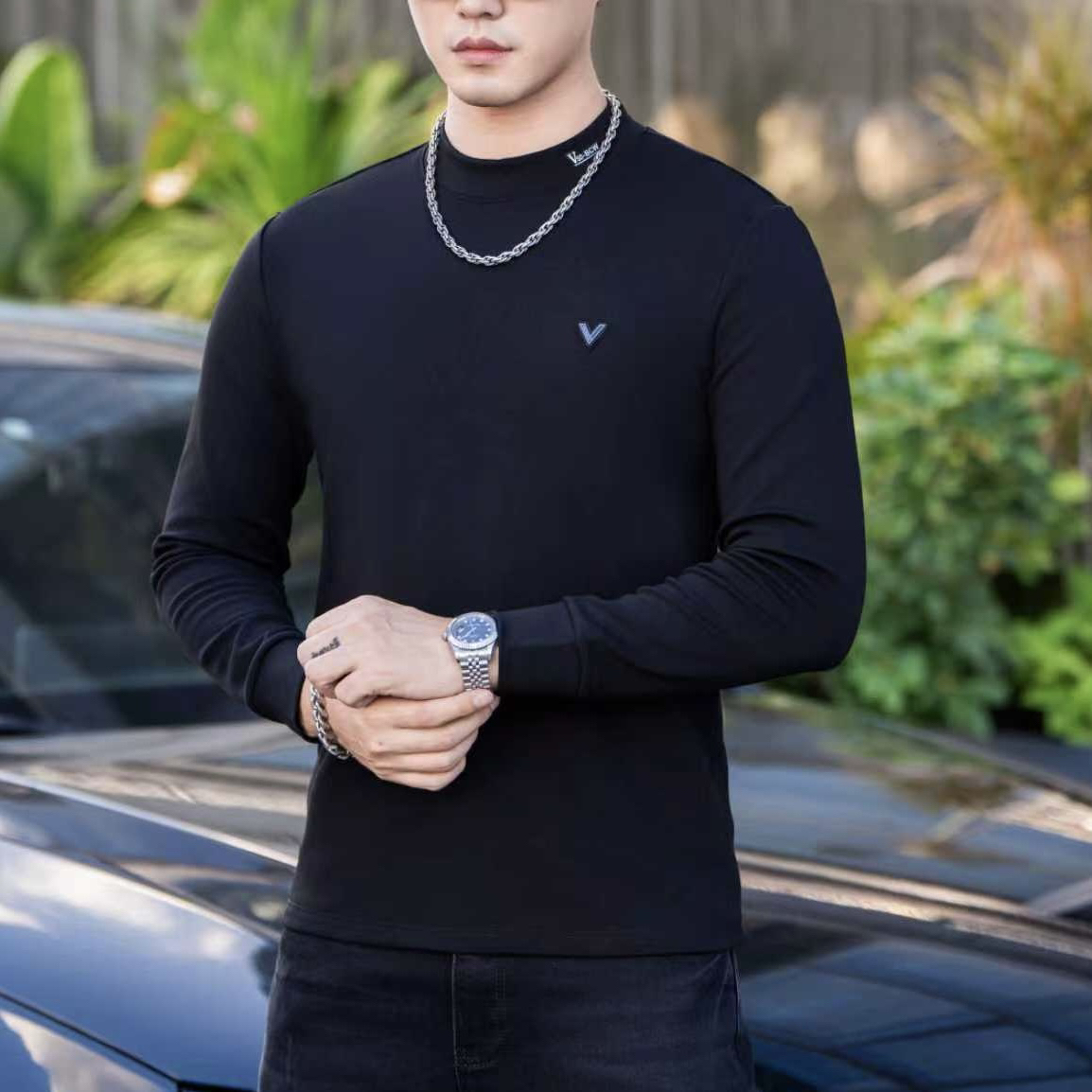 冬季高品质男士莫代尔磨毛圆领V标打底衫加厚2588