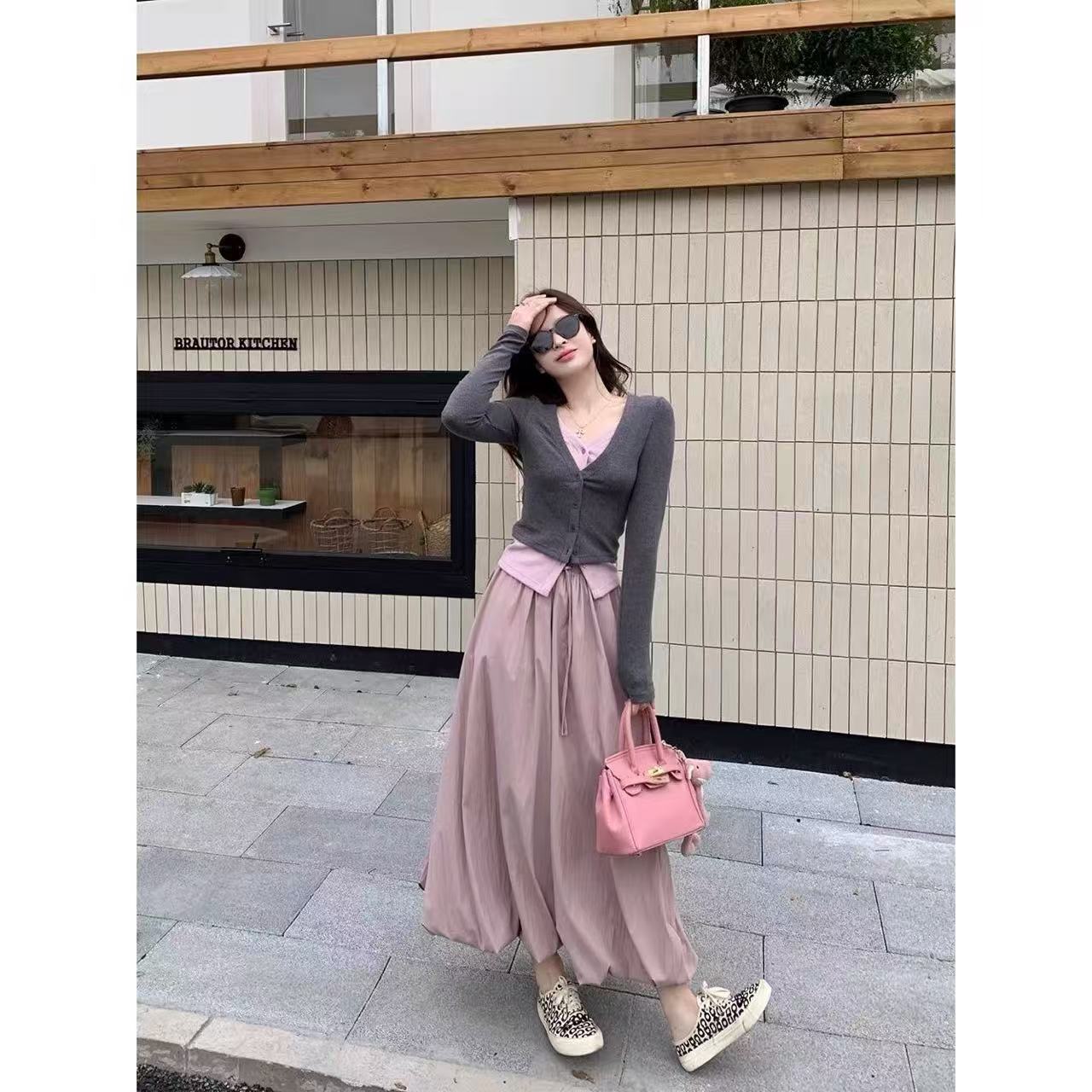 韩系穿搭一整套撞色假两件针织衫上衣+蓬蓬花苞半身裙套装女秋季