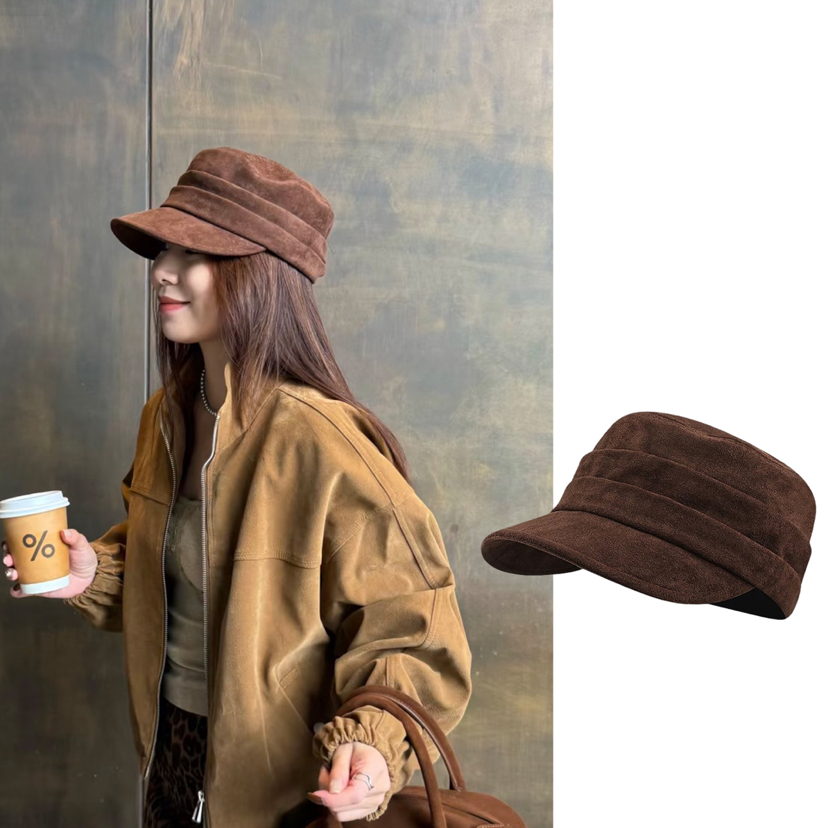 25S 经典纯色马术帽麂皮绒平顶鸭舌帽女休闲百搭日系春秋八角帽子