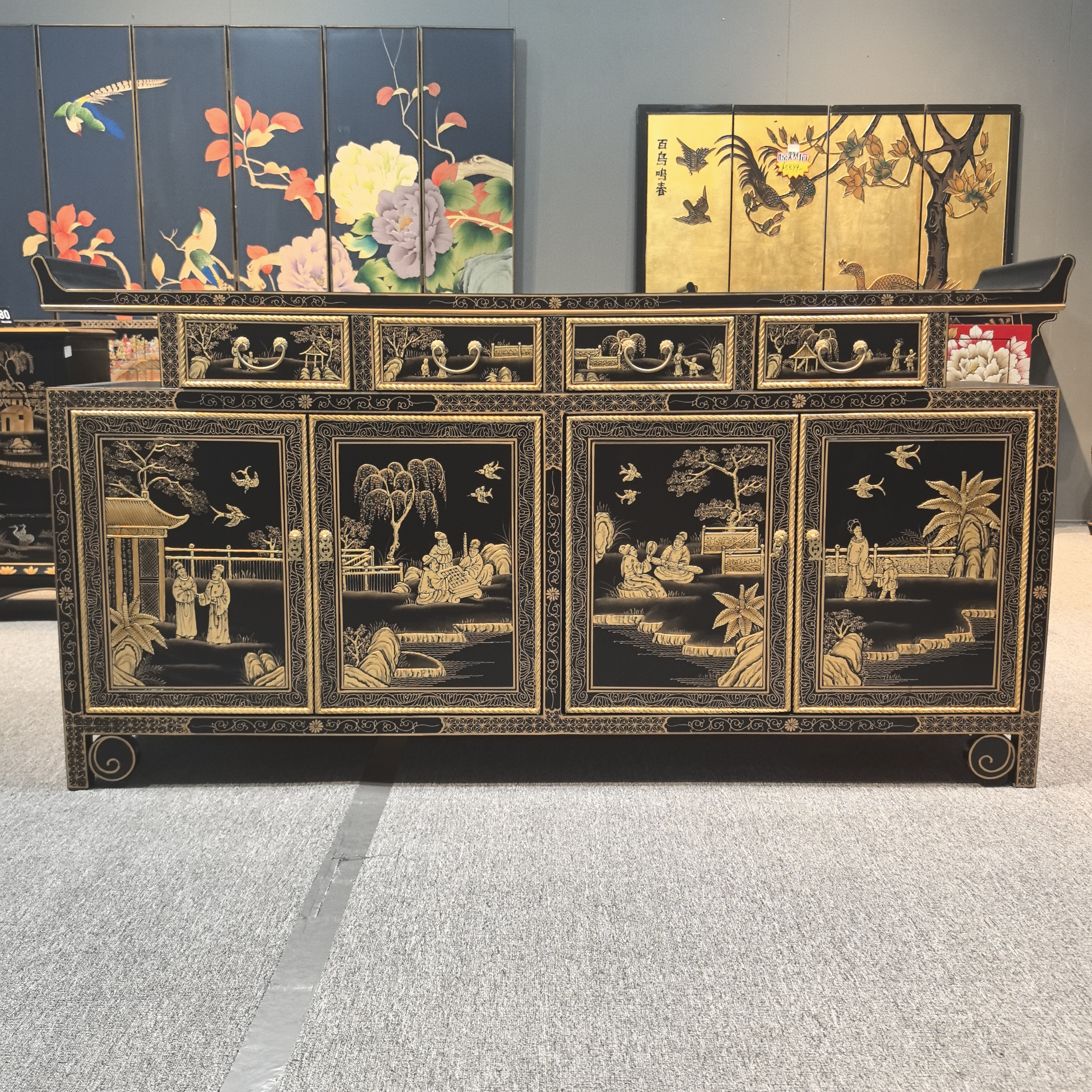 金煌轩180*40*90古典金泊山水人物新客厅中式玄关柜置物储物柜