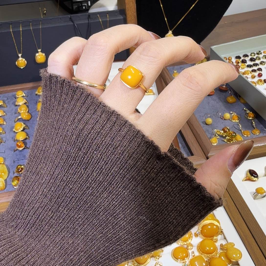 蜜蜡银S925镀金镶嵌戒指