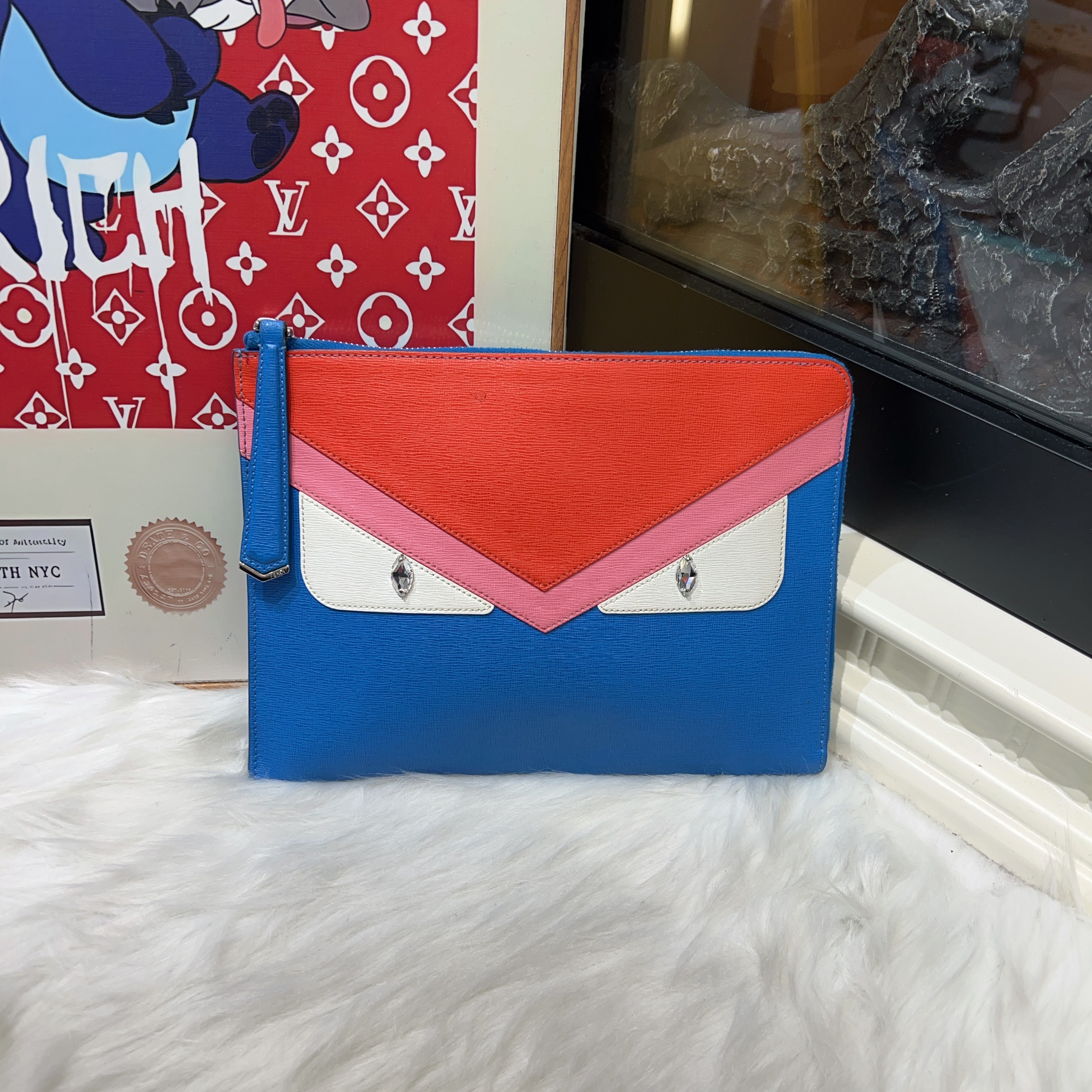 95新 FENDI/芬迪 芬迪小怪兽手拿包拼色a6713