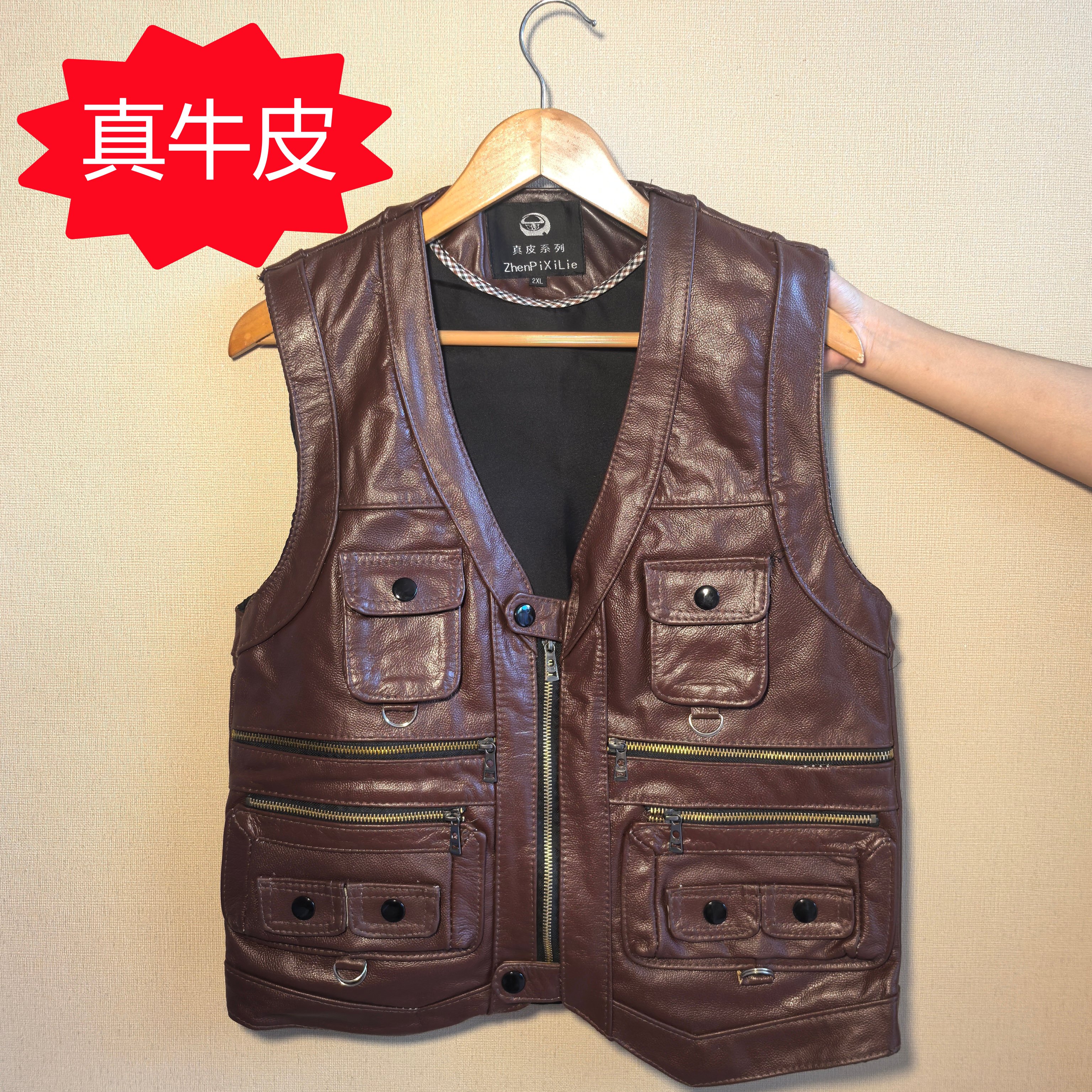 纯牛皮V领多口袋男春秋冬季防寒服马甲通用纯牛皮防寒服马甲