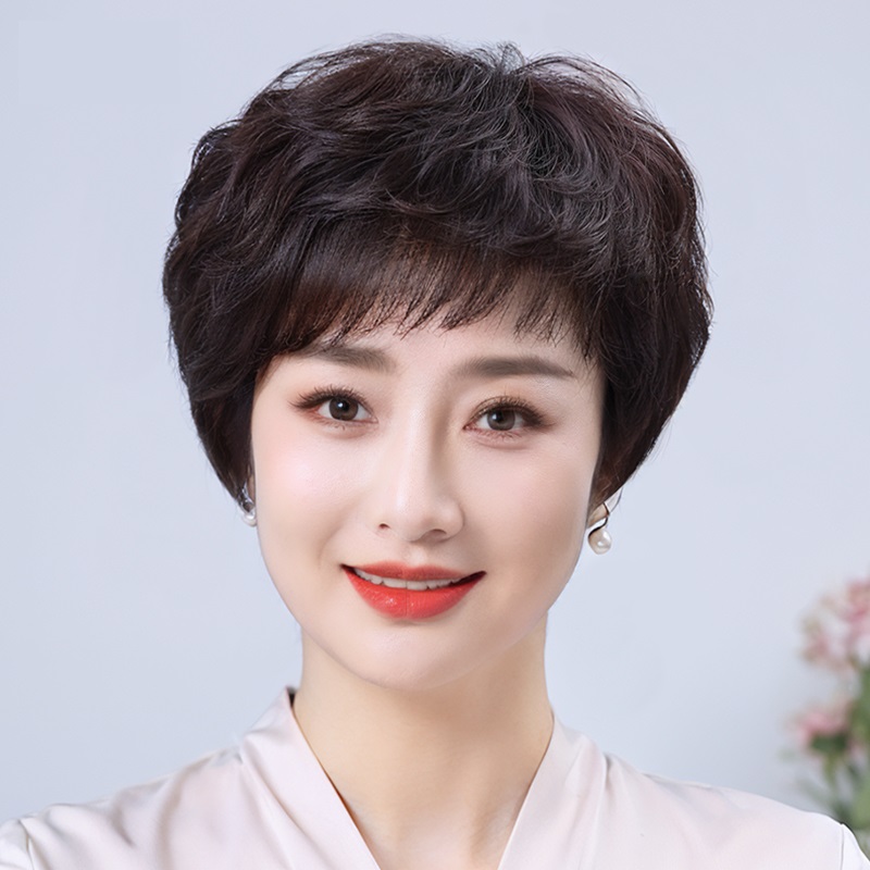 假发真发中老年女士妈妈款全头套短卷发自然轻薄透气假发套真头发