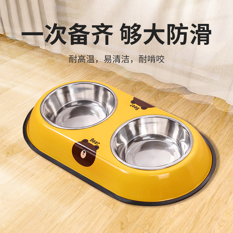 简约两用不锈钢狗碗宠物碗双碗一体狗盆防打翻狗碗饮水喂食器猫碗