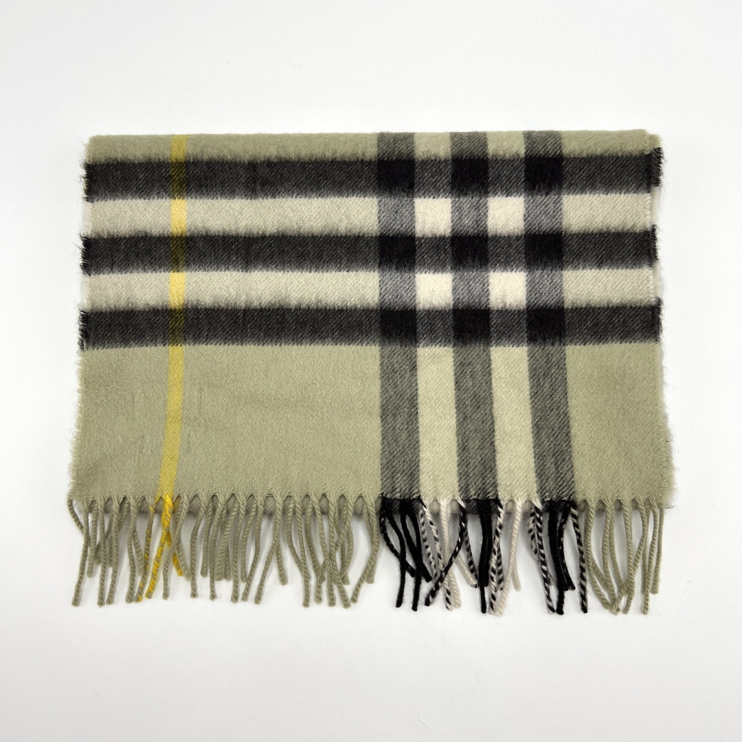 95新 BURBERRY/博柏利 灰绿色格纹流苏羊毛绒围巾 07806