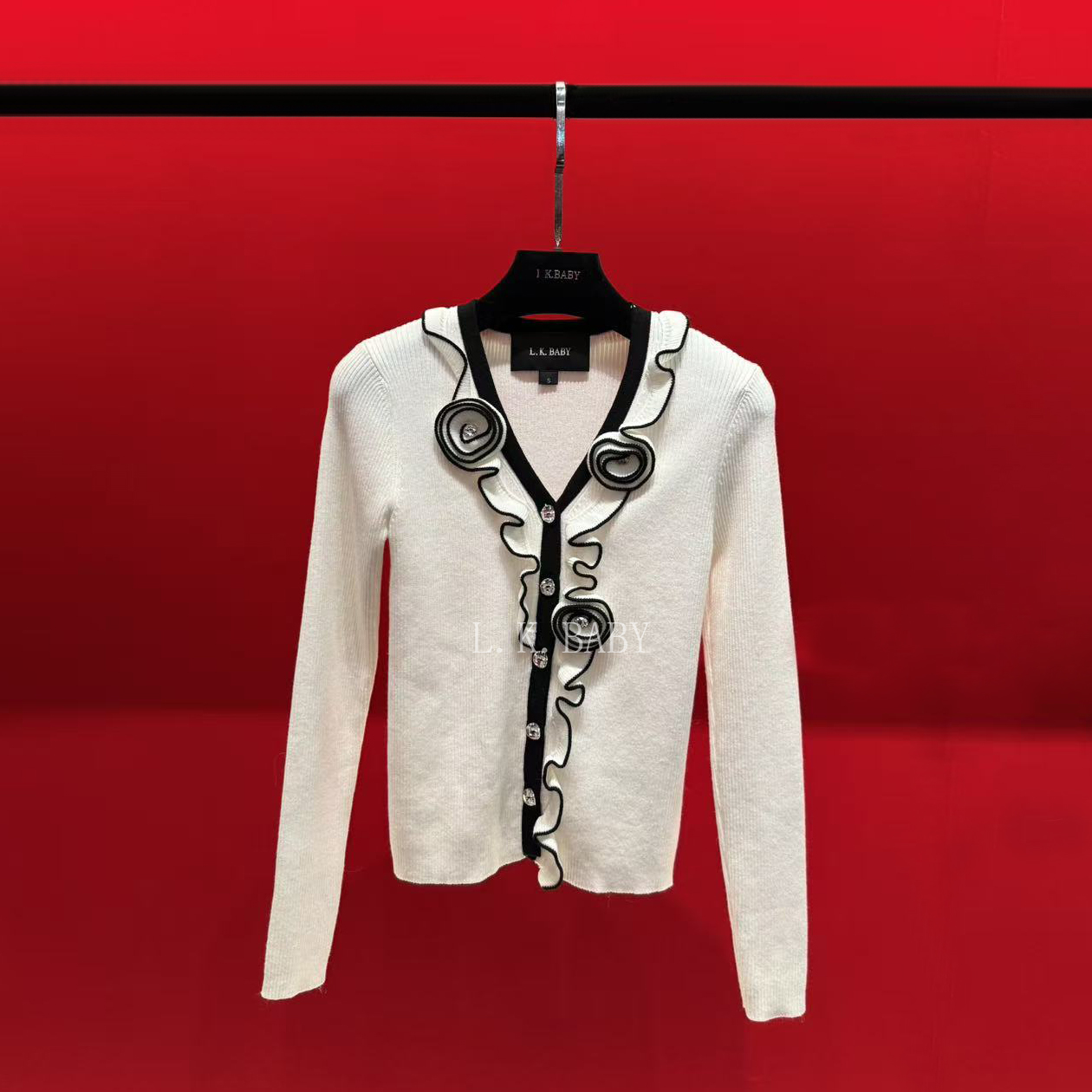 【L.K.BABY】浮云织梦法式时尚清冷黑白「立体气质花边」百搭针织开衫