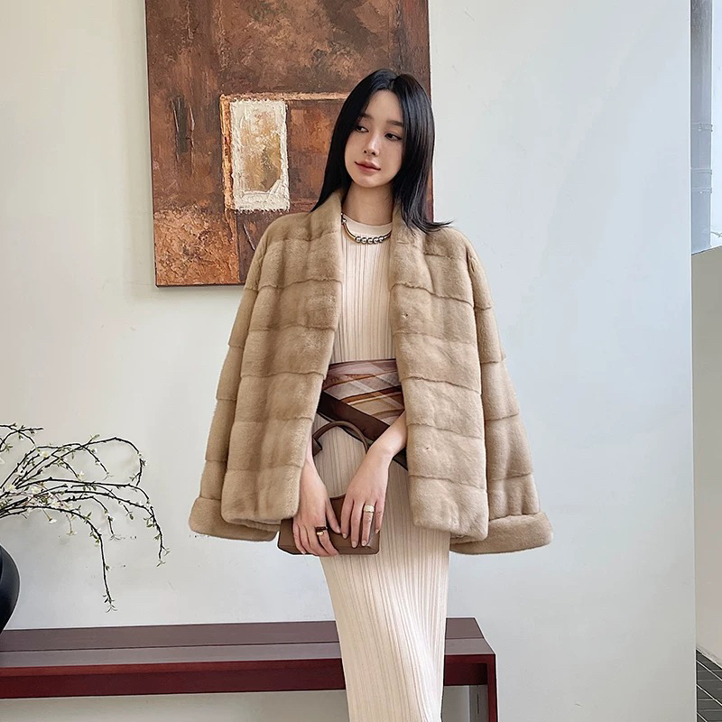 【板娘推荐】时尚女装进口水貂水貂皮草冬季保暖外套横排工艺V领