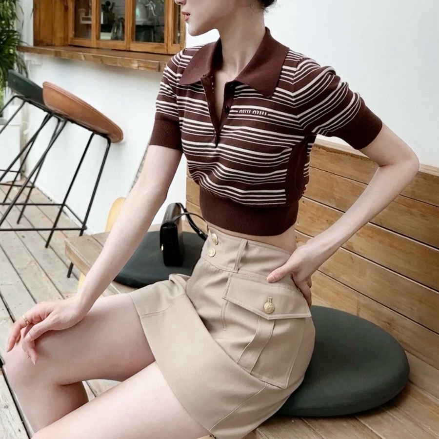 未使用 MIU MIU/缪缪 条纹针织Polo领短袖 38码 P01003