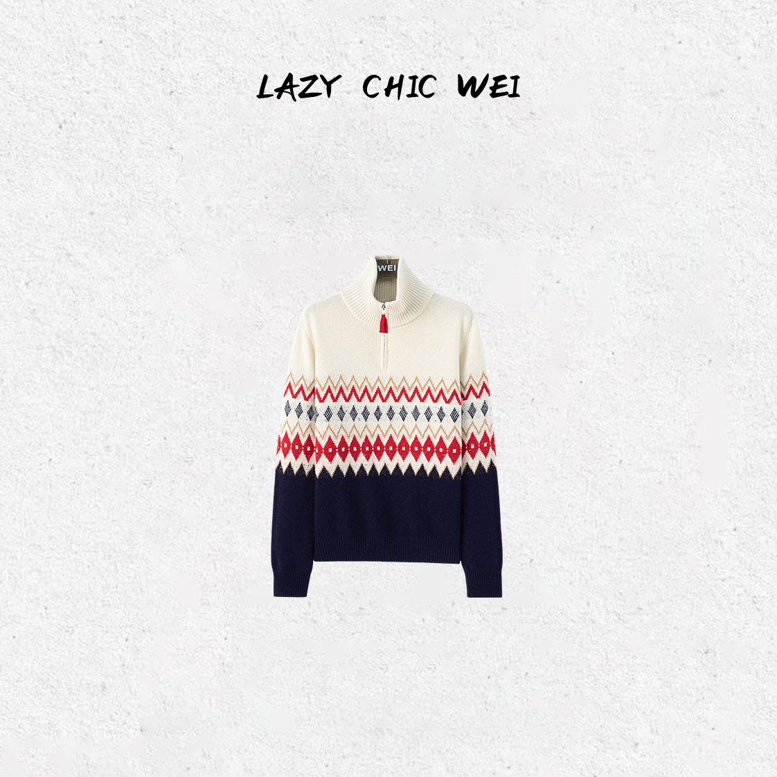 WEI"北欧街头"冬季新款三色提花撞色半拉链针织毛衣25126SSW6056