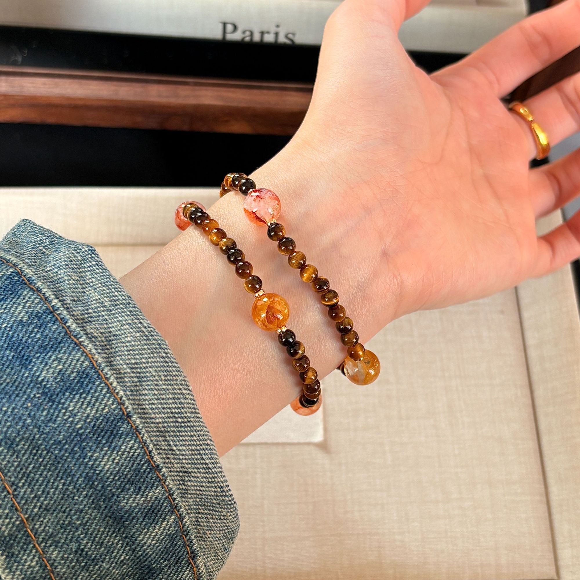 【设计师】原创天然黄虎眼黄胶花时尚双圈手串轻奢高级感女款手饰