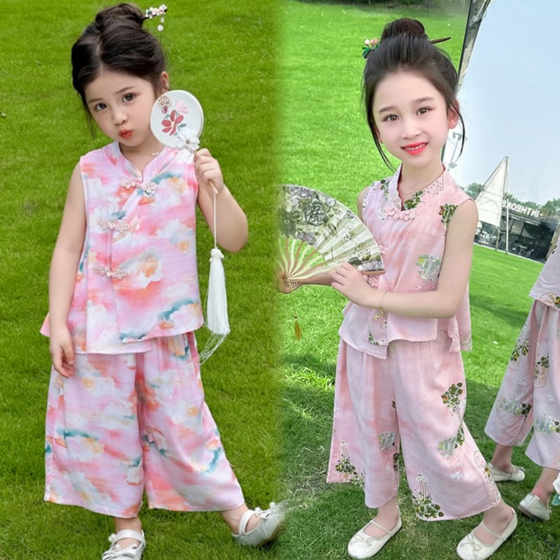 （棉绸）女童套装夏季新款洋气儿童国风娃娃衫薄款宝宝新中式两件套