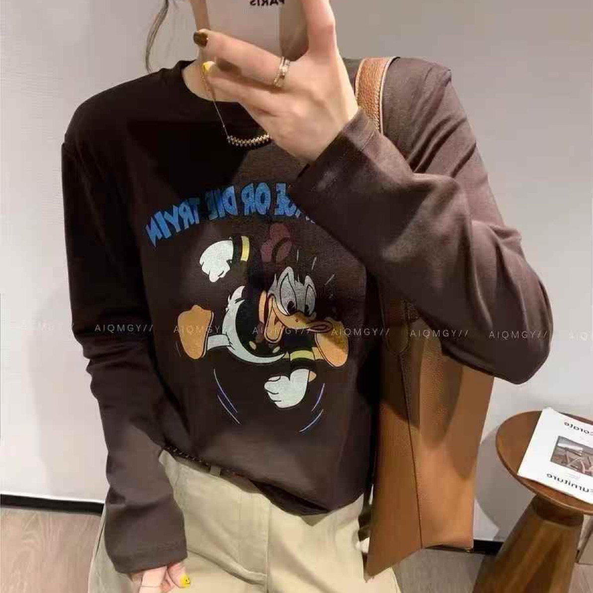 3D立体印花加绒圆领长袖唐老鸭卡通T恤6150