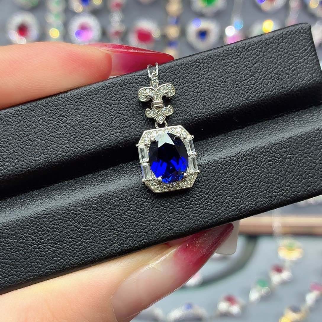 吊坠925银培育皇家蓝色宝石