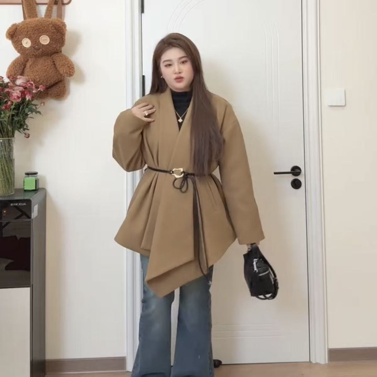 现货毛呢翻领+棉款腰带外套（无扣）