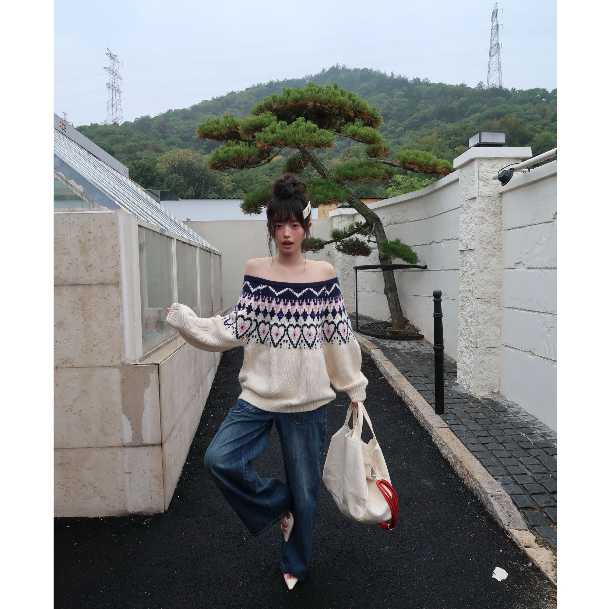 Lizy李子怡【一字肩毛衣】手工缝钻针织衫