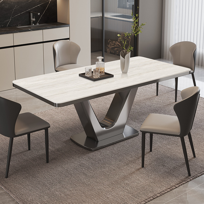洞石岩板餐桌松弛感意式极简设计师款长方形餐桌家用岩板餐桌椅