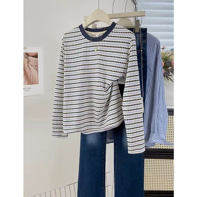 长袖~美式高街设计感撞色条纹男女慵懒风微宽减龄上衣25091