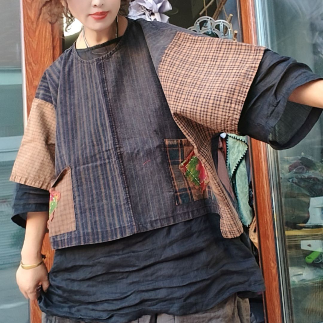 无吊牌磨白做旧老布前短后长短宽松衫上衣直播间自选条纹
