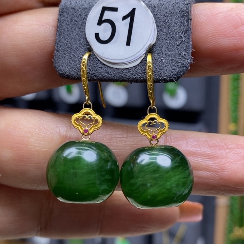 【闪购商品】和田玉耳饰18K金镶嵌12.8x155mm平安果厚金耳饰