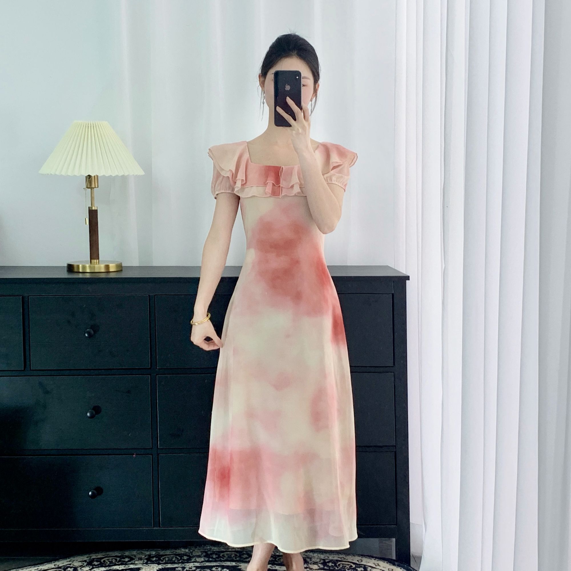 拉夏贝尔25现货青苍清凉法式气质设计感收腰显瘦连衣裙 1948 KQC