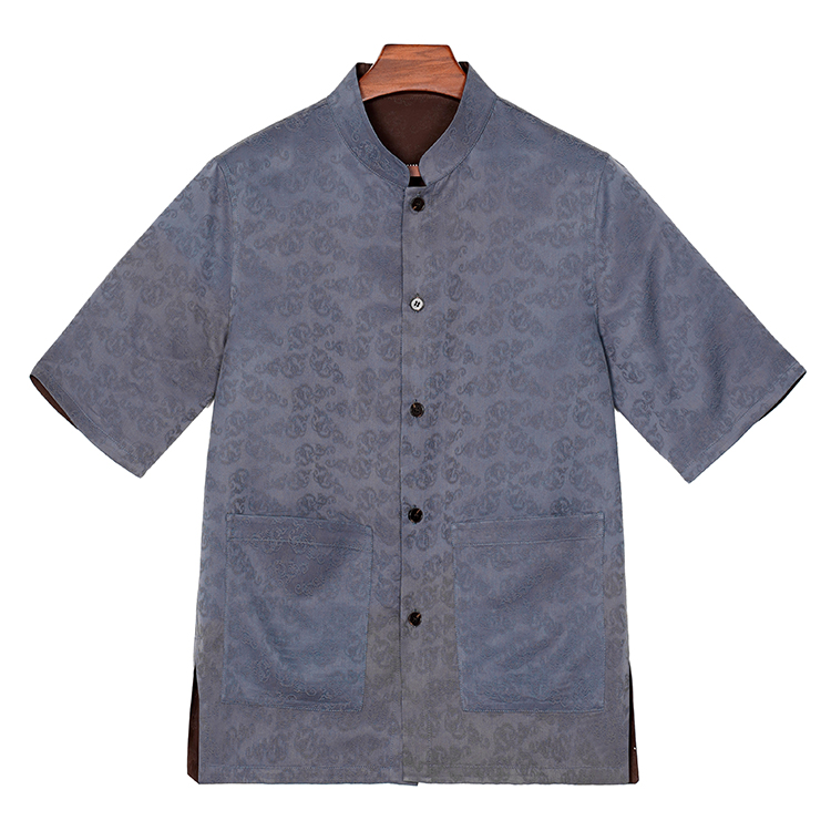 99245 男士立领短袖衫 桑蚕丝提花缎红云纱新中式复古夏季上衣