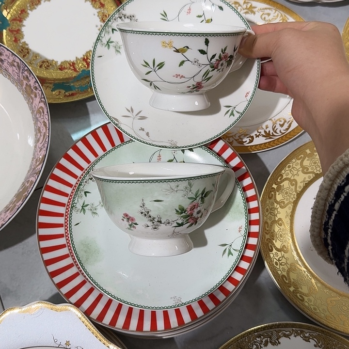 越****瓷小绿叶咖啡杯碟2套微瑕