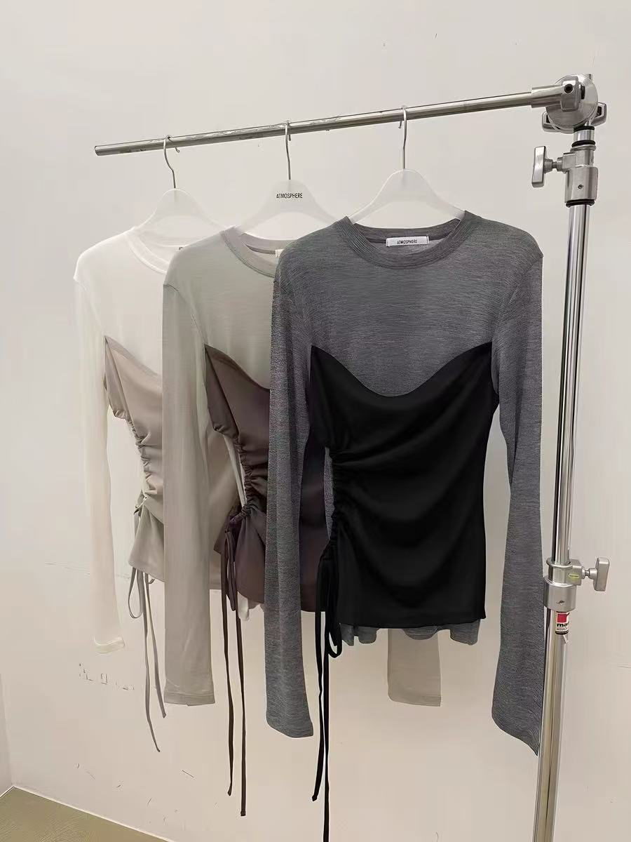 韩国东大门新款2025早秋atmosphere抽绳假两件修身长袖T恤NO退换