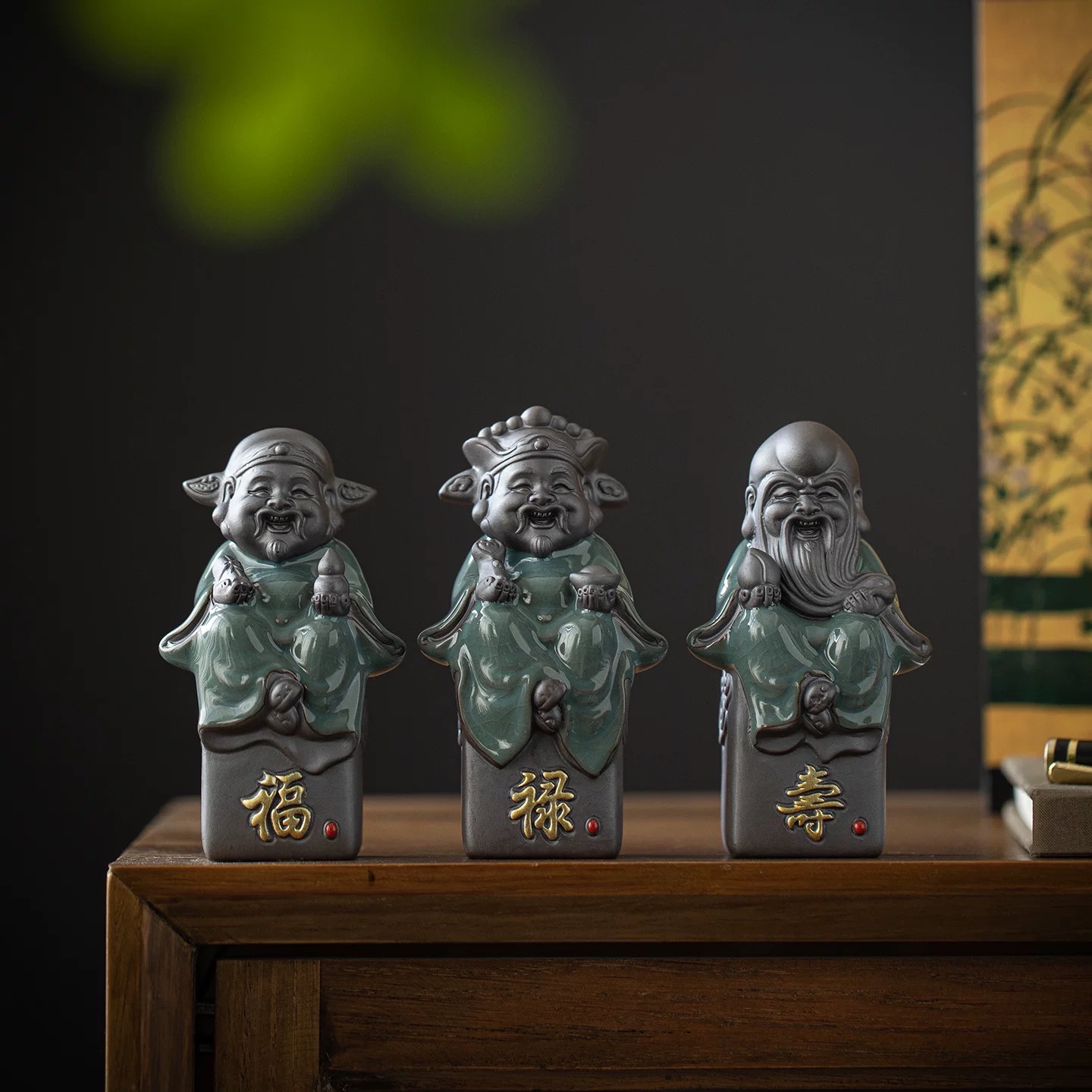 中式陶瓷哥窑福禄寿三星茶宠摆件客厅玄关博古架寿星福星摆件