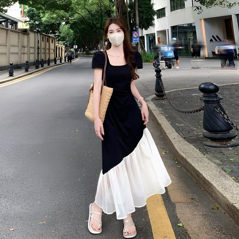 大码法式短袖连衣裙女夏季收腰显瘦拼接长裙黑色连衣裙高级感显瘦