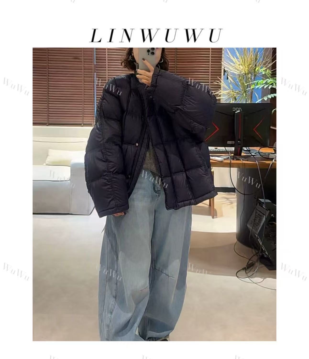 【林五五定制】2025秋冬时尚拼色圆领拉链压线面包羽绒服57776