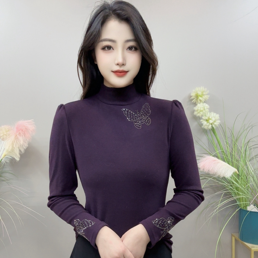 【KK】YLY89168冬季上新纯色亮钻蝴蝶中高领款气质百搭上衣