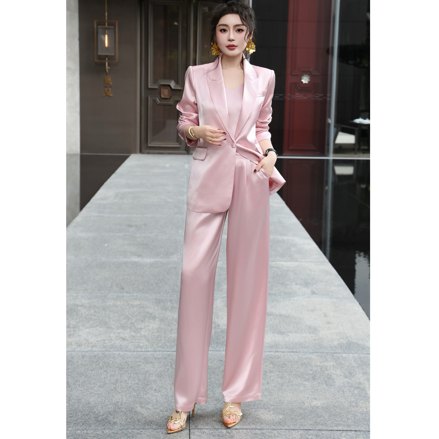 2025春夏高级醋酸缎西装吊带阔腿裤套装三件套商务女总裁职业正装