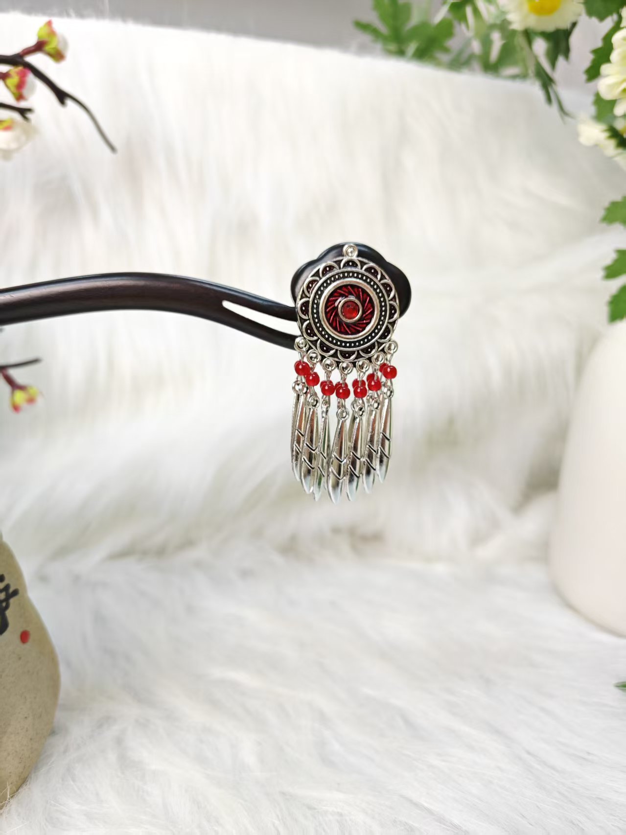 炑歌K381原创红色流苏18公分发簪气质手工发饰国风百搭发簪