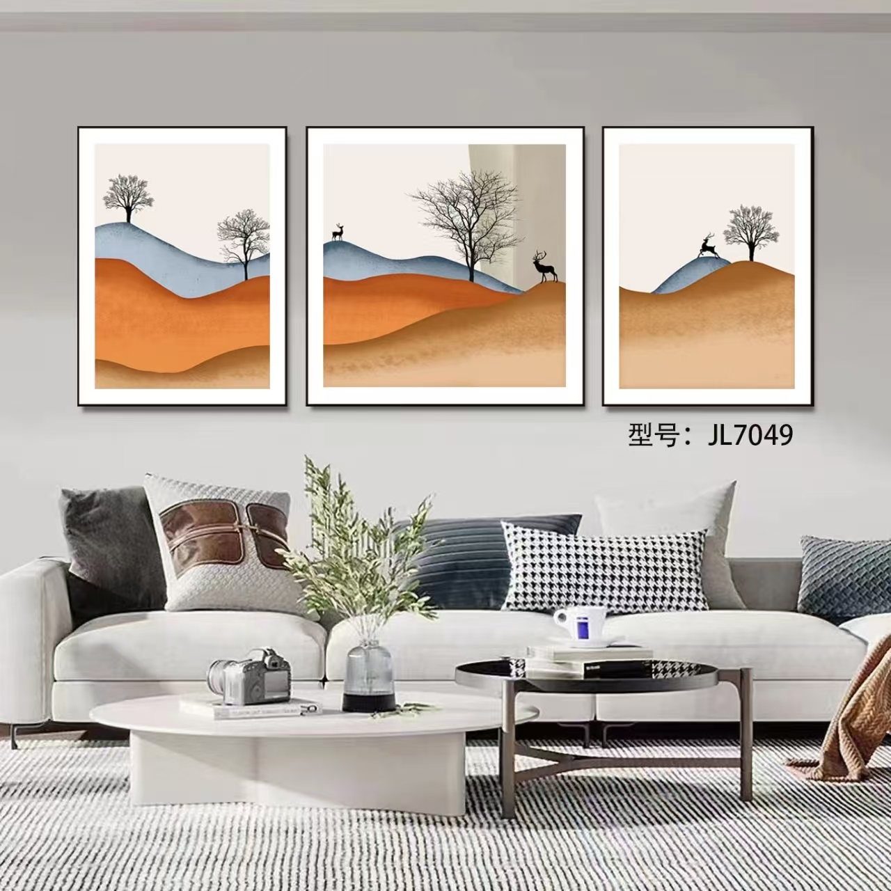 现代简约轻奢客厅装饰画皮革微雕肌理挂画三联画一鹿有你