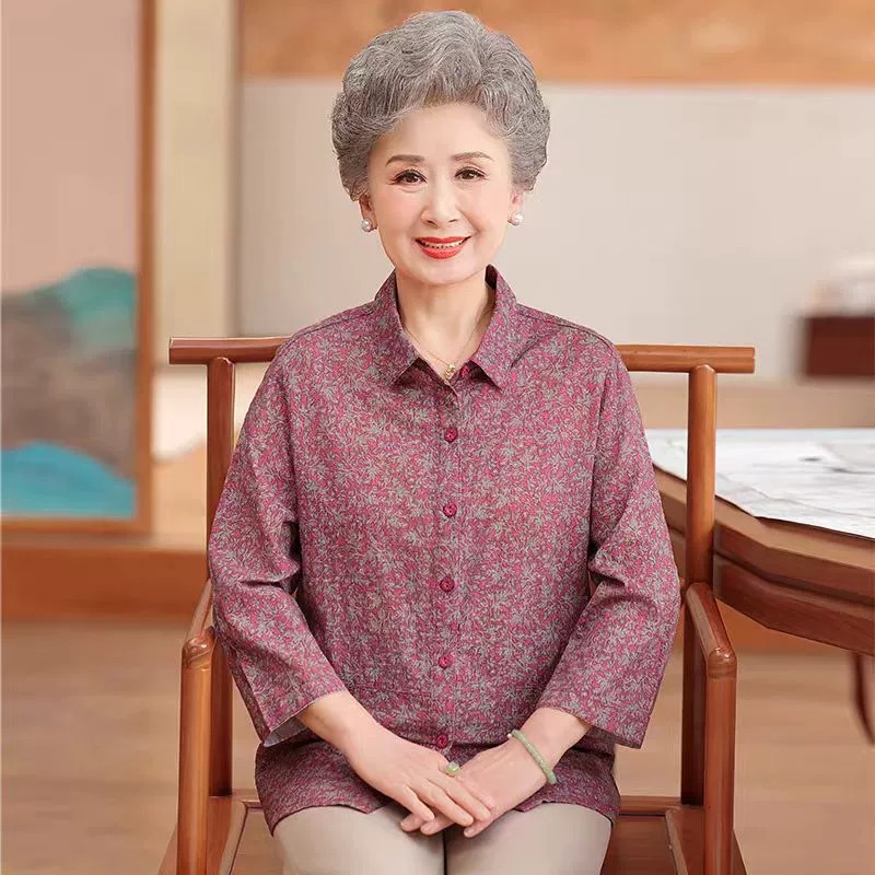 中老年春夏妈妈装薄款纯棉衬衫七分袖开衫奶奶装老年人气质衬衣