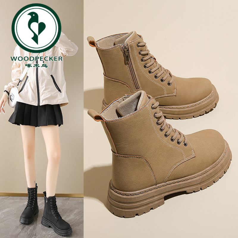 【正品】啄木鸟马丁靴女新款英伦厚底百搭机车大黄靴酷飒风潮流增高