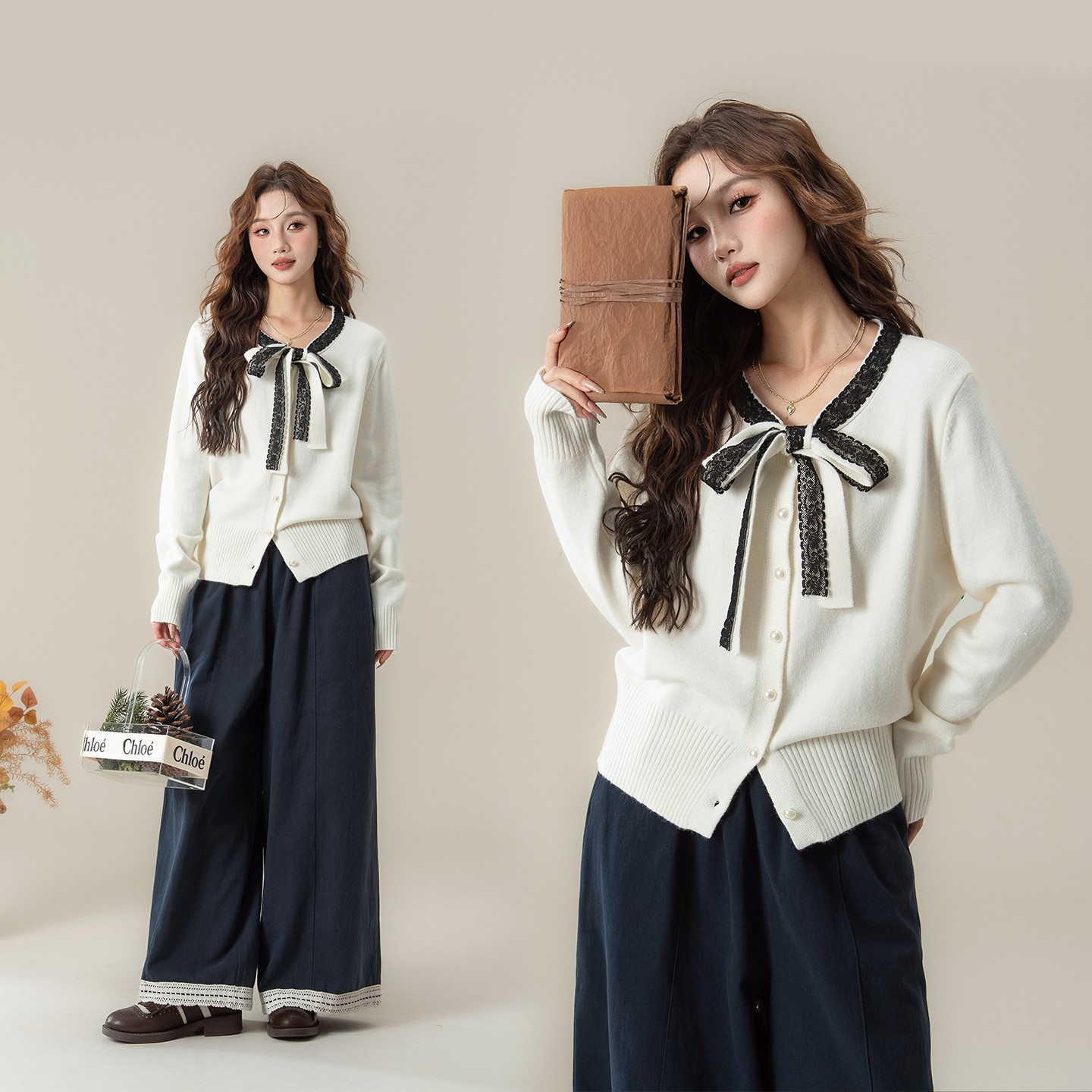 法式温柔风杏色花边系带针织开衫女秋季新款小个子显瘦长袖上衣潮