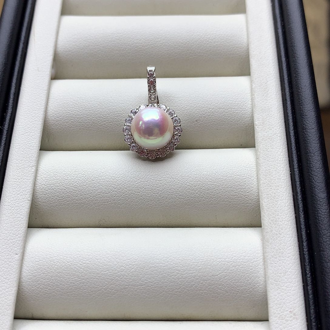 淡水珍珠颈饰银S925镶嵌太阳花 万能扣吊坠 11-12mm