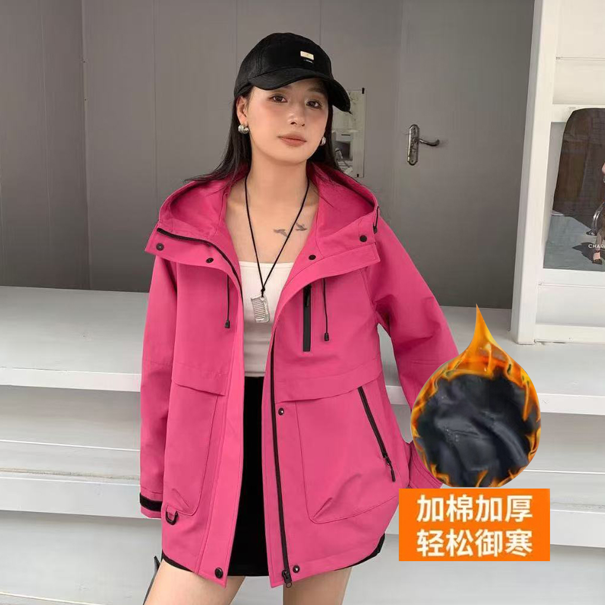 大码女装秋装新款风衣外套胖妹妹中长款连帽工装冲锋衣宽松收腰
