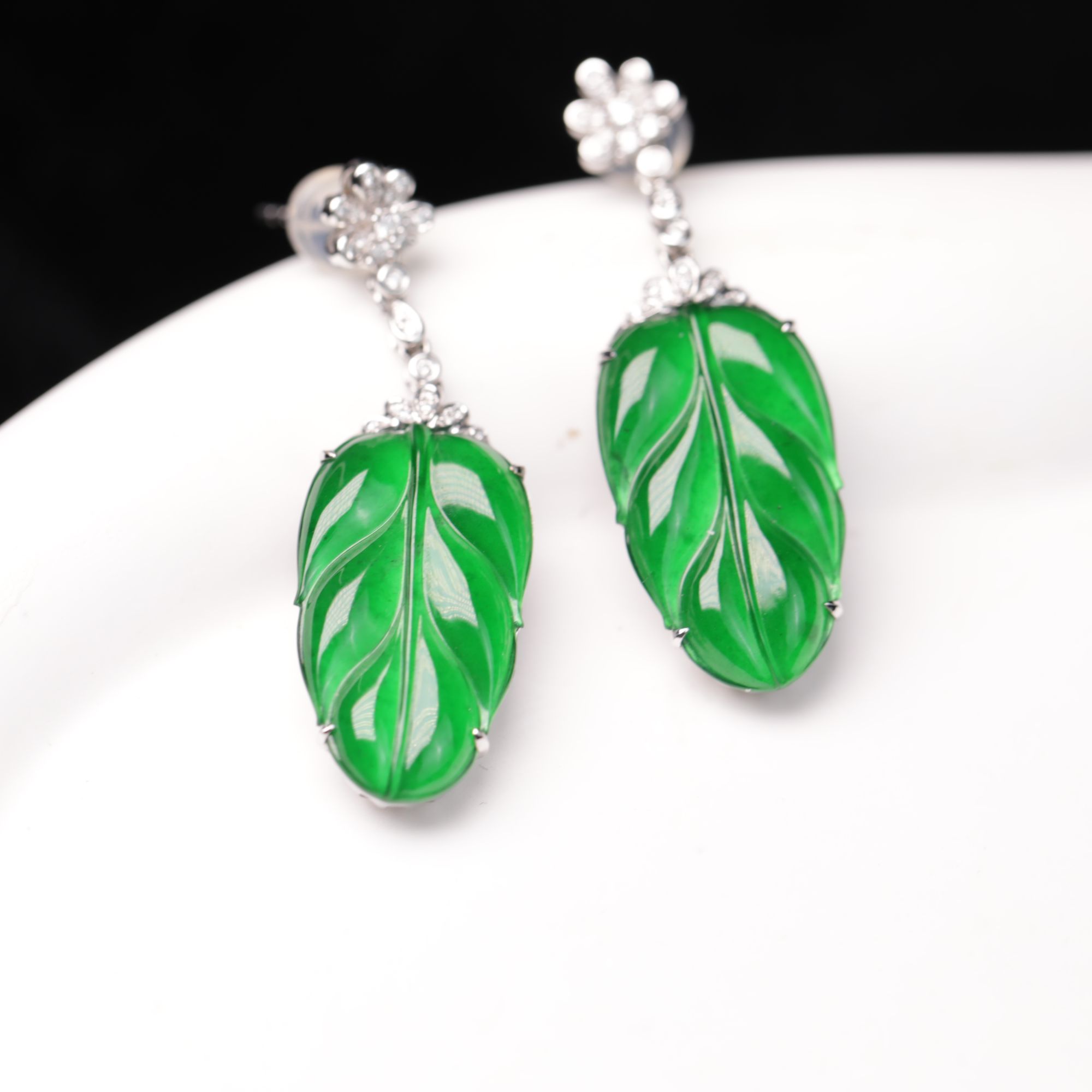 18k真金真钻镶嵌叶子耳坠正阳绿高冰种天然A货翡翠耳饰C3102102