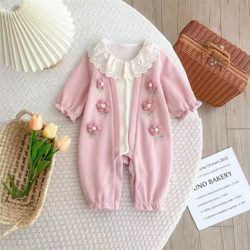 婴儿春秋双层连体衣女宝宝甜美公主假两件哈衣爬服外出服