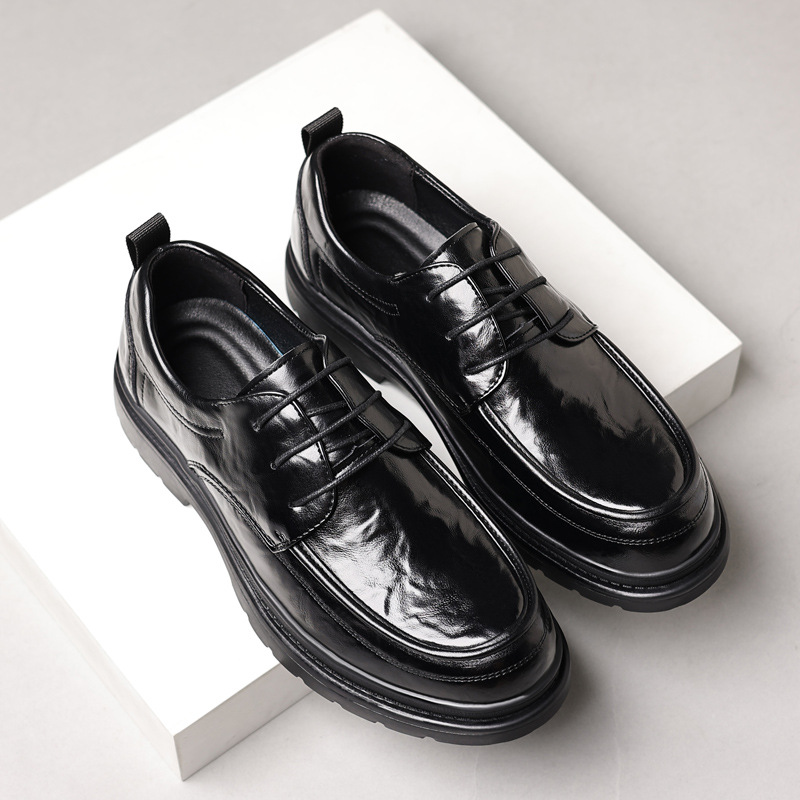 皮鞋男透气英伦商务休闲西装手抓纹厚底增高黑色皮鞋男新郎结婚鞋