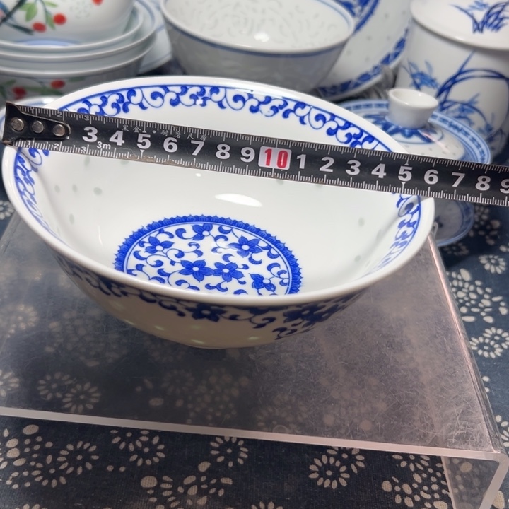 青花玲珑6寸紫荆花面碗